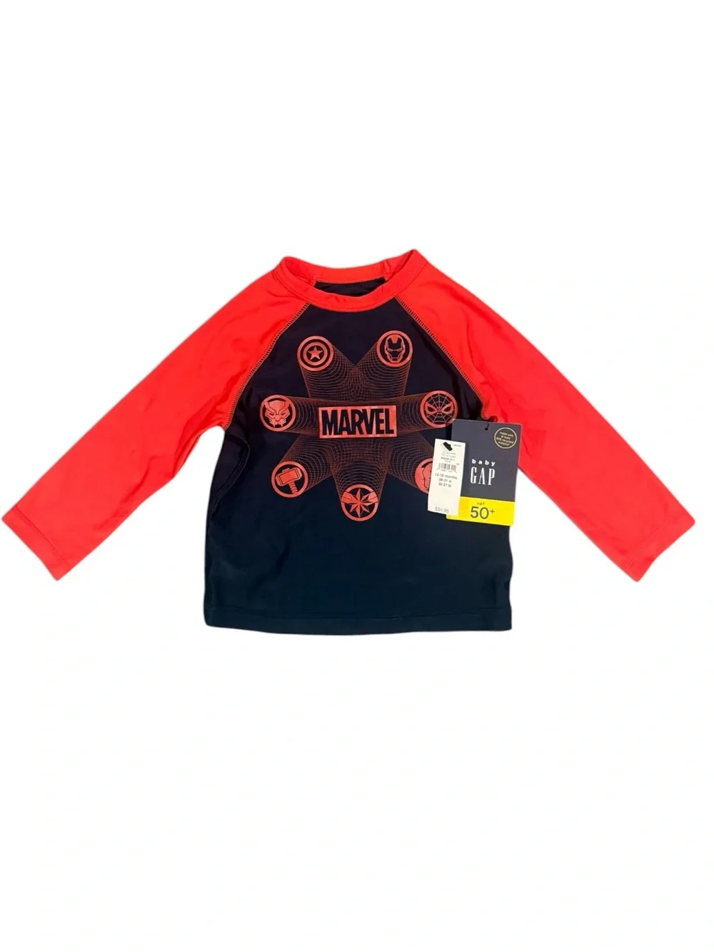 Baby Gap Boys Marvel Rash Guard Swim Shirt Long Sleeve UPF50+ Pool, Size 12-18 M